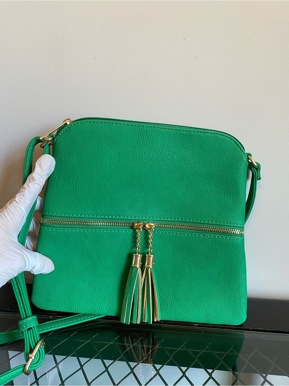 Green Leather Crossbody with Tassel Accent